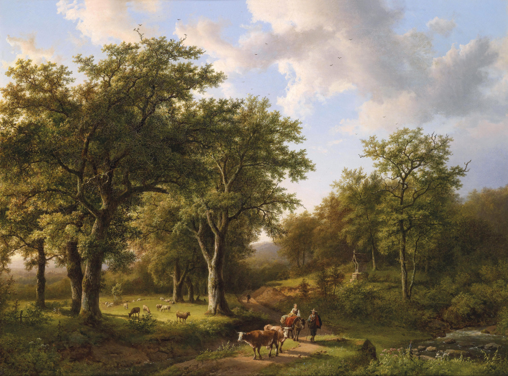 霍贝玛高清油画Barend cornelis koekkoek waldlandschaft mit hirten und vieh 1857.tif
